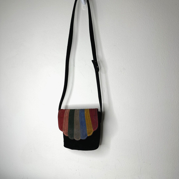 Cab Blanche Shell Canteen Black Suede Rainbow Clamshell Fold Crossbody Purse - Picture 3 of 16